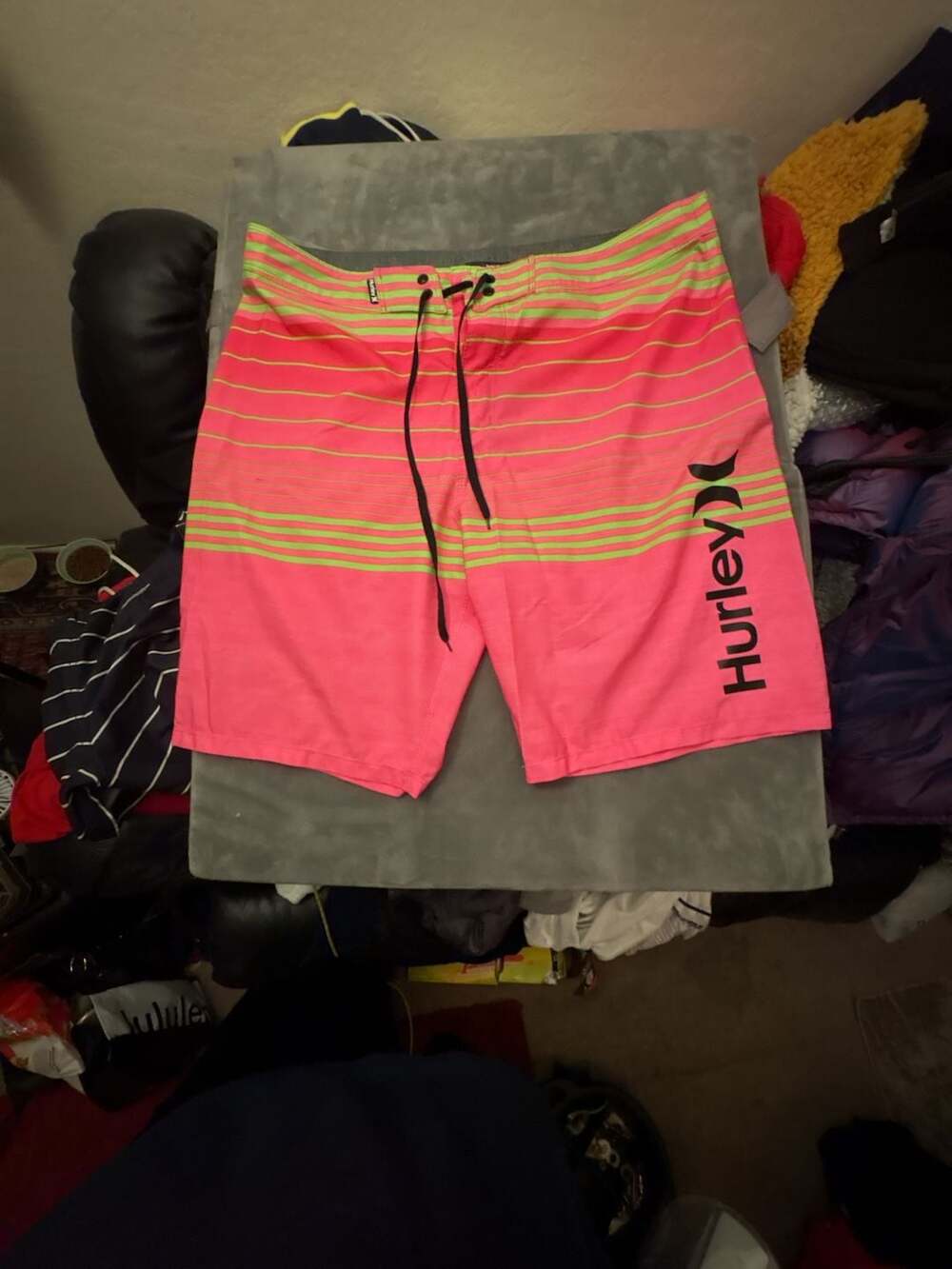 Hurley Men's Neon Pink and Lime Green Striped Board Shorts